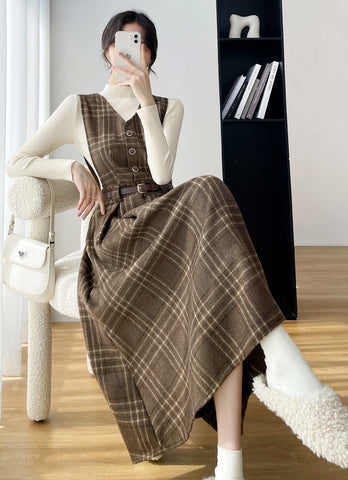 Coffee Plaid Midi Pinafore Dress