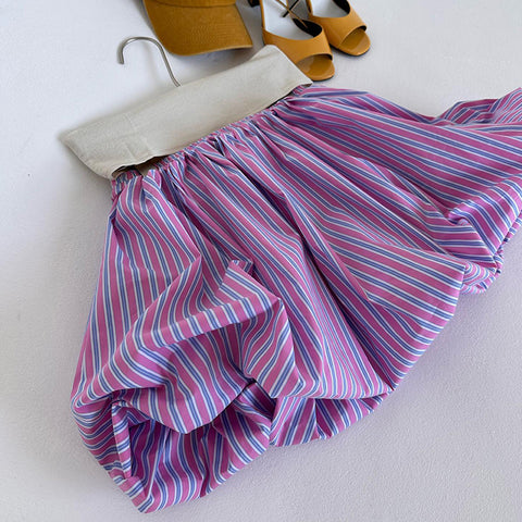 Balloon Skirt Striped Pleated Mini High Waist Skirt