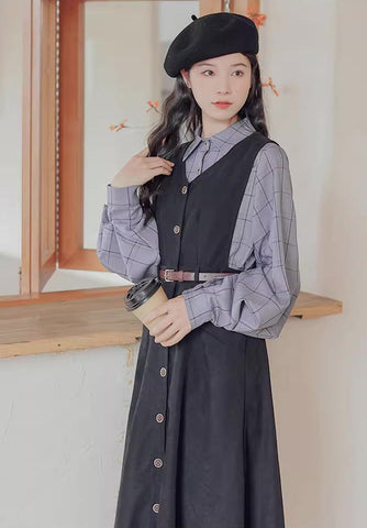 Button Up Suede Pinafore Dress
