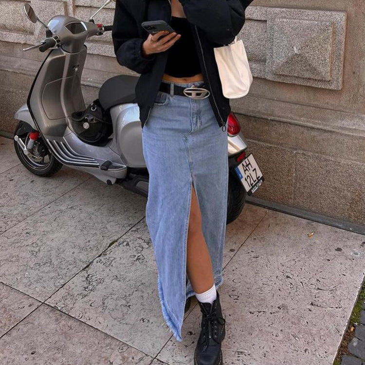 Cotton Simple Vintage Long A-Line Skirt Slit Denim Skirt Y2K Party Skinny Vestidos Vero Vintage Size