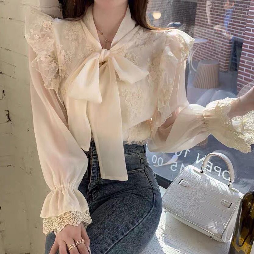 Ruffle Lace Tie Neck Blouse