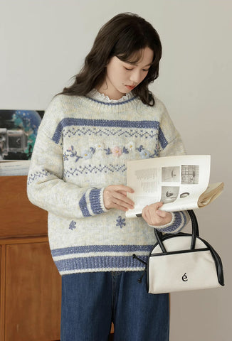 Embroidered Floral Fair Isle Sweater