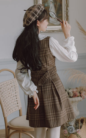 Coffee Plaid Pinafore Dress / Blouse
