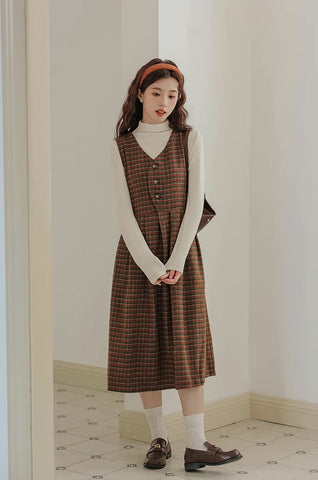 Fallen Leaves Plaid Pinafore Dress Set