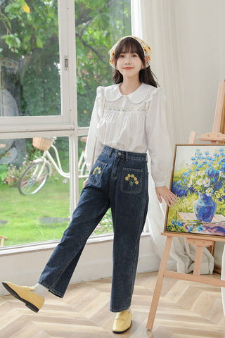 Embroidered Sunflower Pocket Jeans