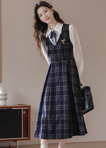 Oxford Plaid Midi Pinafore & Blouse Set