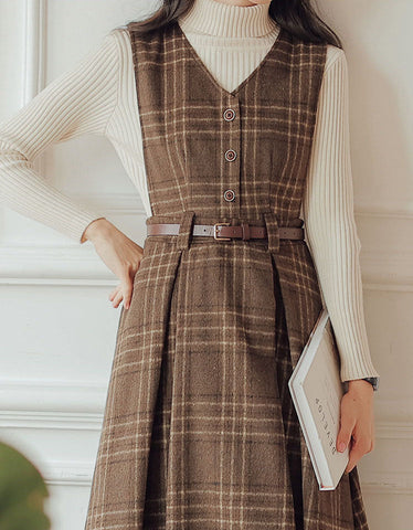 Coffee Plaid Midi Pinafore Dress