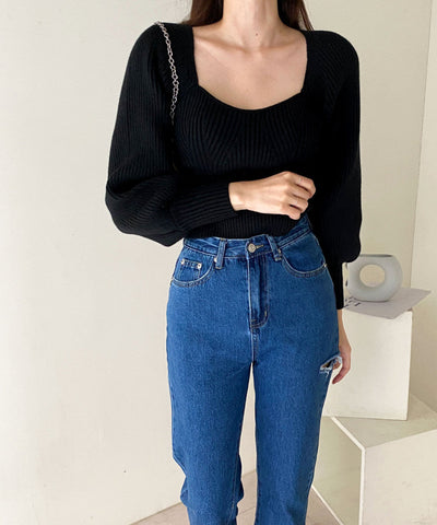 Kurzer Pullover mit gerippten Puffärmeln