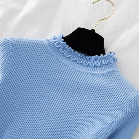 Basic-Pullover mit Stehkragen und Rüschen