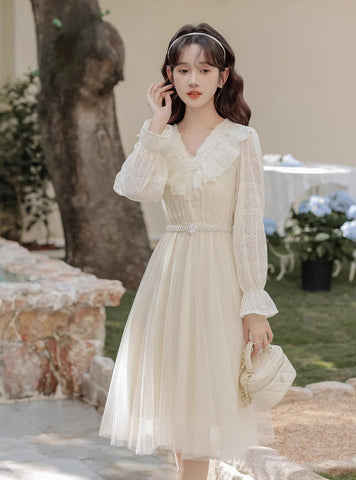 Midikleid aus Spitze und Tüll mit V-Ausschnitt