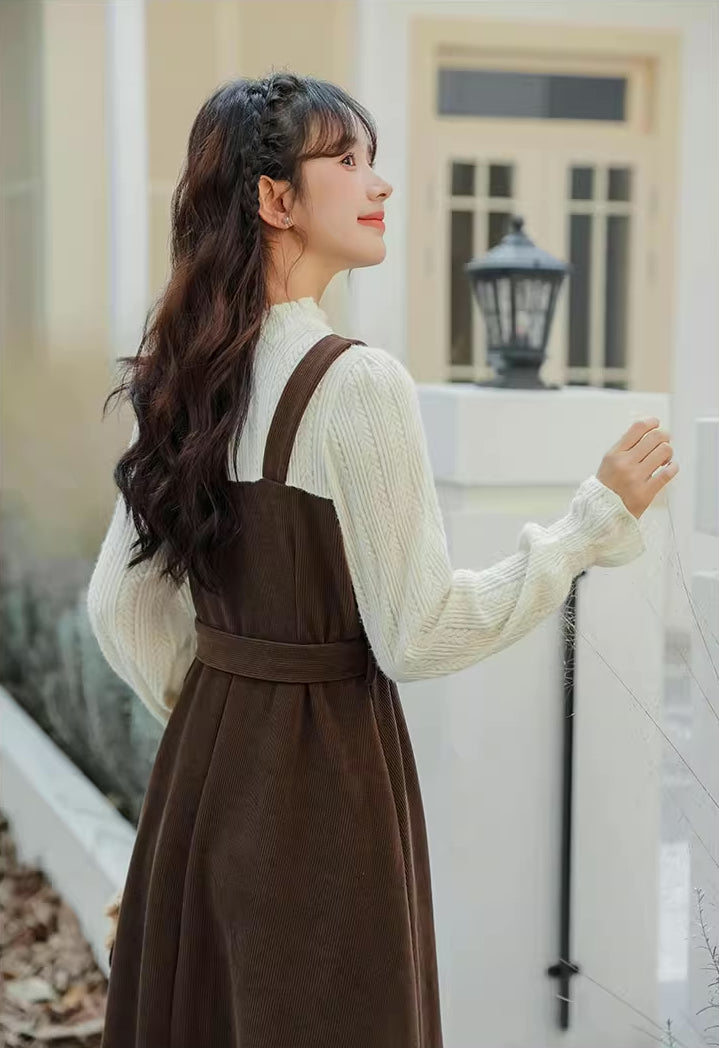 Corduroy Knit Belted Twofer Midi Dress