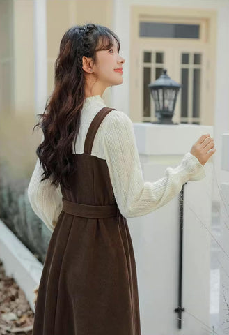 Corduroy Knit Belted Twofer Midi Dress