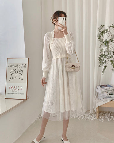 Vestido de suéter de punto con encaje