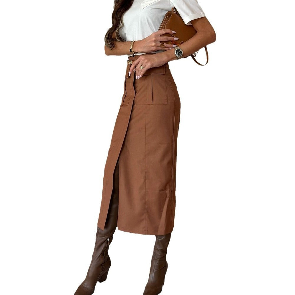 Workwear Slit Midi Skirt Hip Skirt