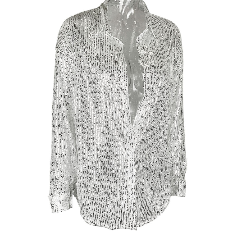Glitter Sheer Mesh Top Long Sleeve Button Down Sequin Shirt