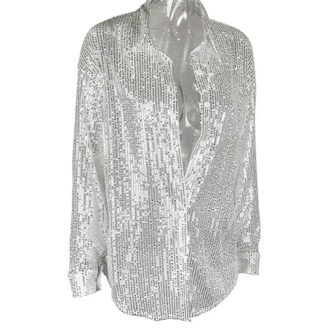 Glitter Sheer Mesh Top Long Sleeve Button Down Sequin Shirt