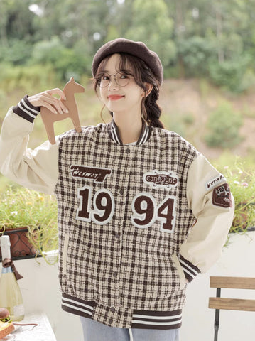 1994 Tweed-Baseballjacke mit Karomuster