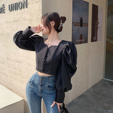 Puff Sleeve Sweetheart Button Up Blouse