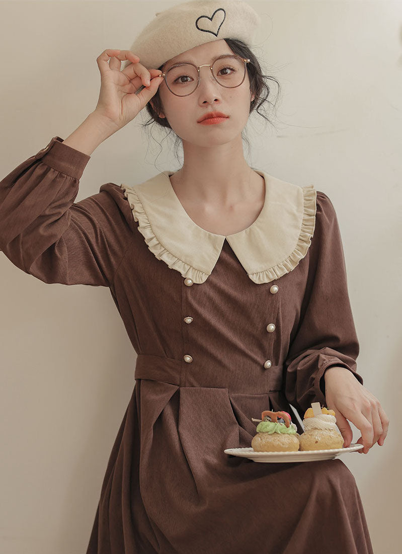 Corduroy Suede Peter Pan Midi Dress