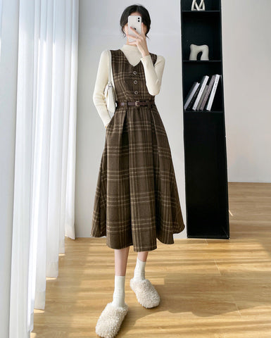 Coffee Plaid Midi Pinafore Dress