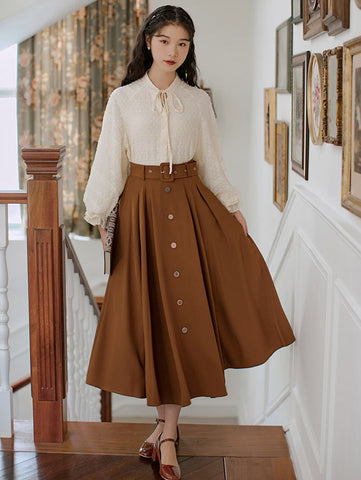 Classic Belted Button Midi Skirt