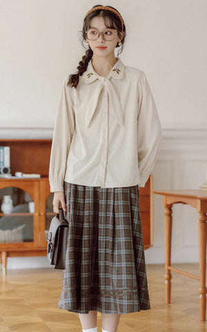 Leafy Corduroy Tie-Neck Blouse