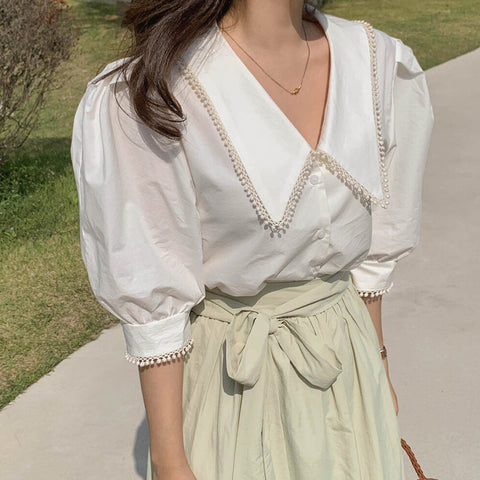 Crochet Trim Puff Sleeve Cropped Blouse