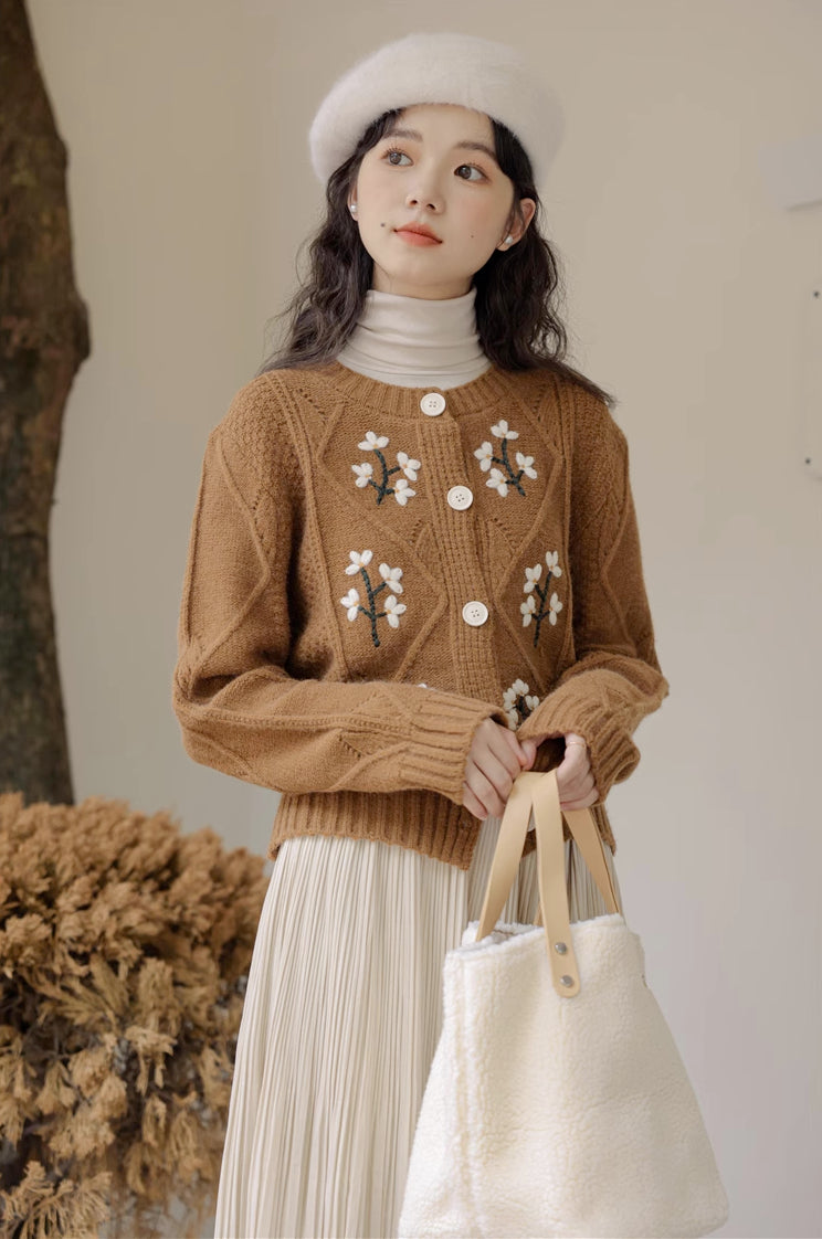 Ditsy Floral Embroidered Round Neck Cardigan