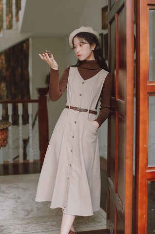 Button Up Suede Pinafore Dress