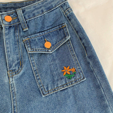 Embroidered Button Pocket Jeans