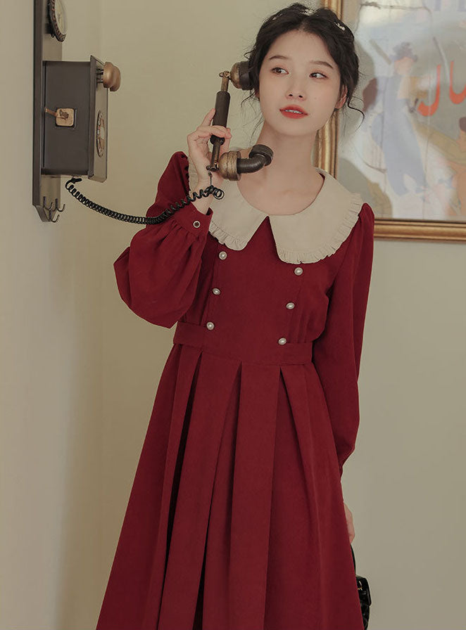 Corduroy Suede Peter Pan Midi Dress