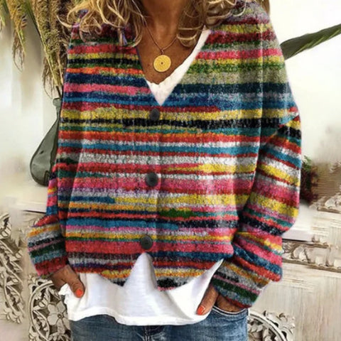 V-Neck Striped Slim Knitted Cardigan