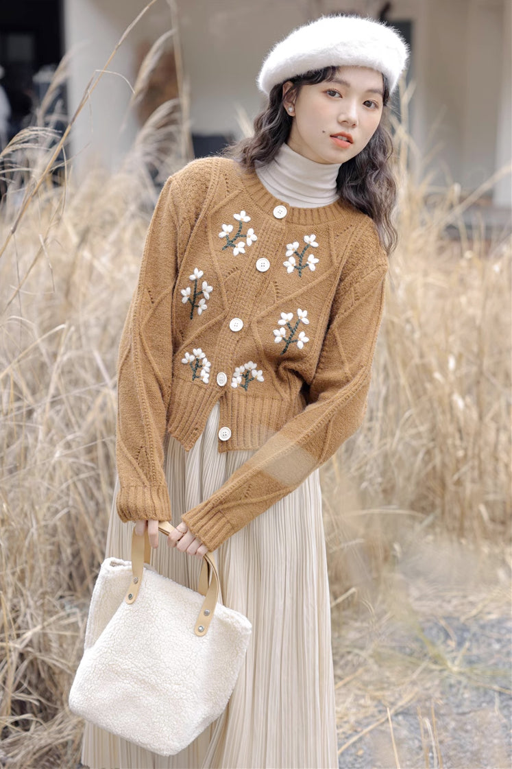 Ditsy Floral Embroidered Round Neck Cardigan