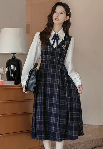 Oxford Plaid Midi Pinafore & Blouse Set
