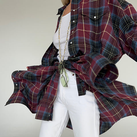 Lapel Loose Shirt Plaid Long Sleeve Shirt