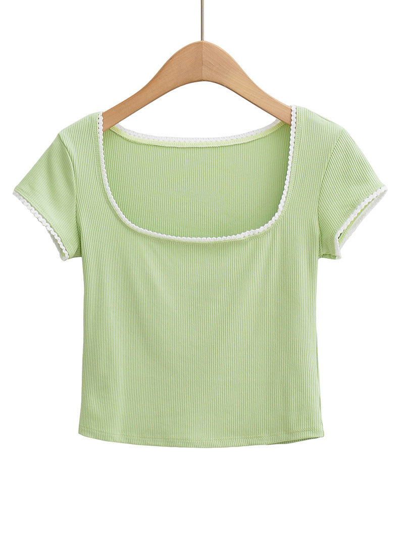 Solid Color Lace Stitching Short Sleeve Tee