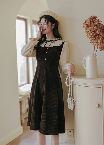 Frilly High Neck Corduroy Sweater Dress