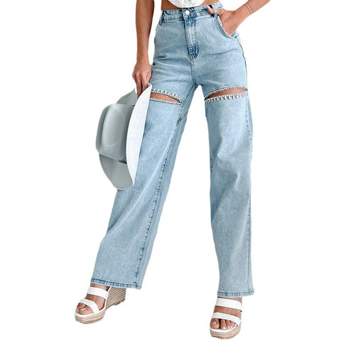 Versatile Studded Ripped Straight-Leg Wide-Leg Jeans
