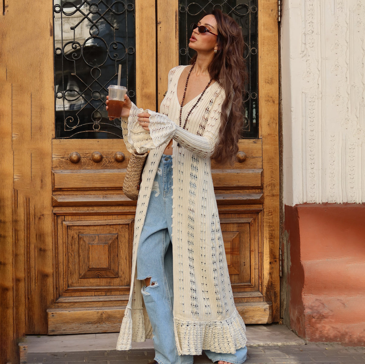 Knitted Cardigan With Openwork Crochet