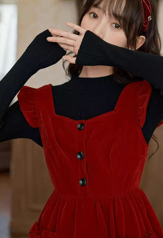 Velvet Frilly Bow Pinafore Dress