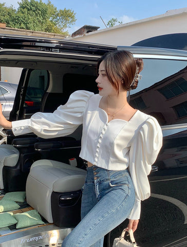 Puff Sleeve Sweetheart Button Up Blouse