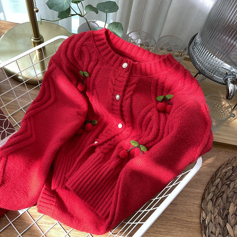 Cherry Pom Pom Cropped Cardigan