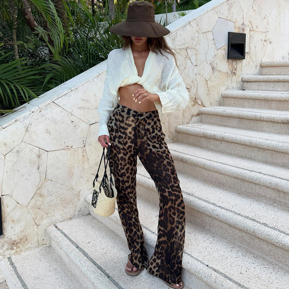 Leopard Print Elastic Waist Cargo Pants