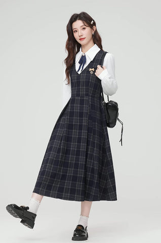 Oxford Plaid Midi Pinafore & Blouse Set
