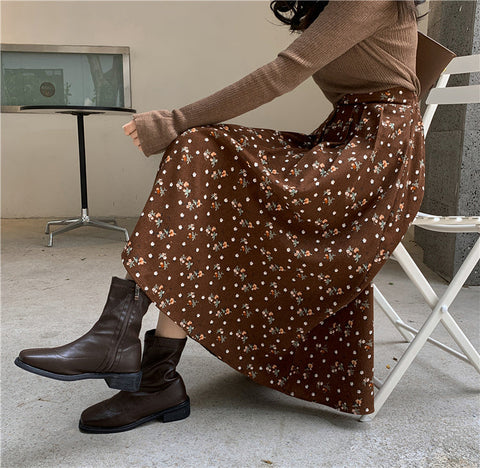 Raining Flowers Corduroy Midi Skirt