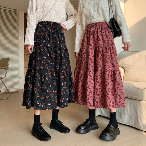 Rose Corduroy Tiered Midi Skirt