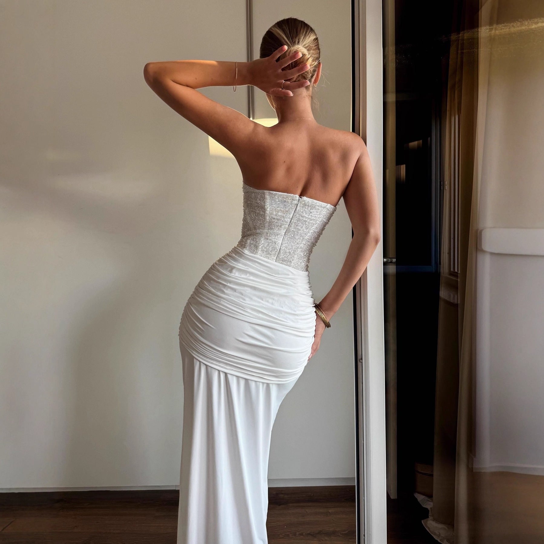 Ribbon Slim-fit Sequined Tube Top Midi Dress