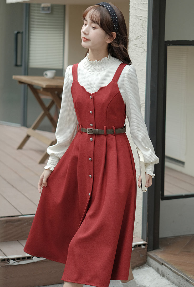 Camisole-Kleid mit Muschelsaum und Knopfleiste