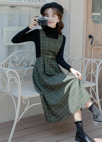 Belted Plaid Pinafore Dress