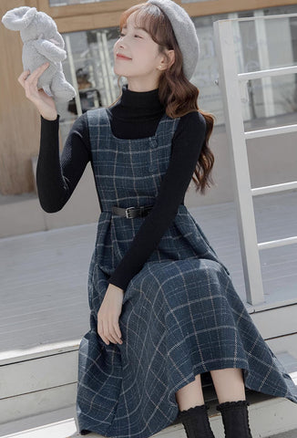 Belted Plaid Pinafore Dress